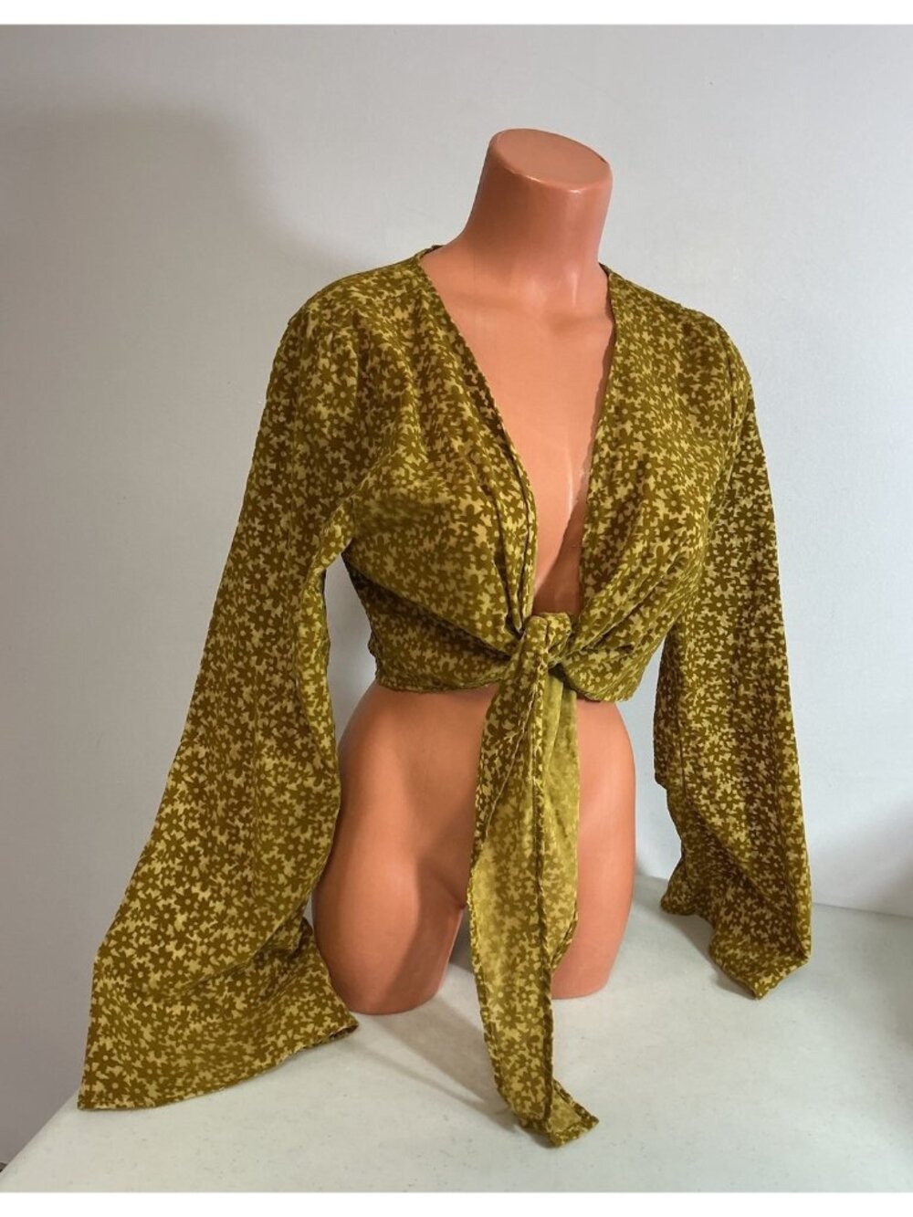 Velvet Burnout Yellow Floral Tie Front Bell Sleeve Crop Top Boho Womens Small
